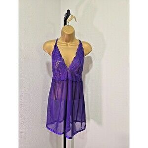 Babydoll Sexy Pin Up Sheer Lace Purple Teddy Womens M Lingerie Chiffon Coquette